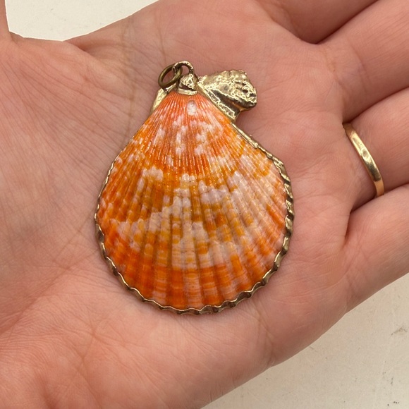 Jewelry - Scalloped Seashell Pendant Shell Beach Ocean Jewelry Orange Gold Tone